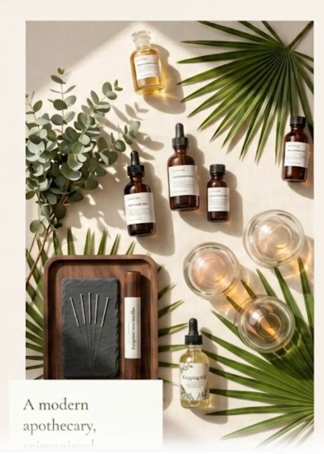 Eucalyptus and apothecary bottle in soft natural light
